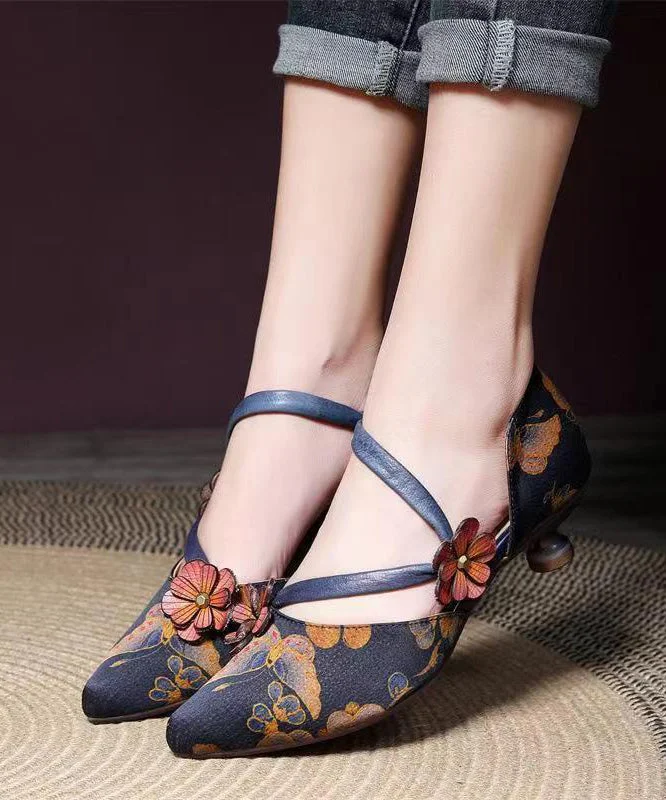 Stiletto Heel Pumps with Perfect Fit--Blue Retro Print Floral High Heels Pointed Toe-Fashionable & Classic