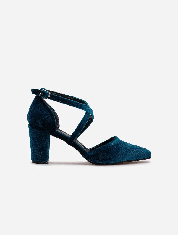 Sina Vegan Velvet Strappy Heels | Teal Blue---Affordable Strappy Platform Heels with Premium Quality