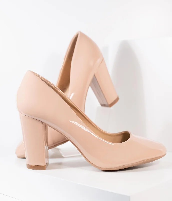 Sleek and Shiny Patent Pump Heels for a Polished Look--Blush Pink Patent Leatherette Block Heel Pumps