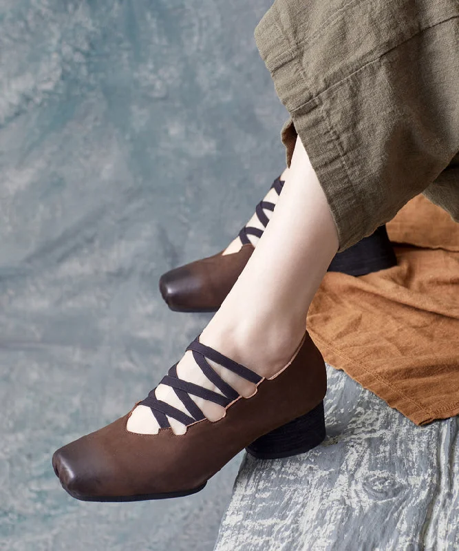 Boho Coffee Cross Strap Cowhide Leather High Heels---Comfortable Leather Pumps for Office and Everyday Wear