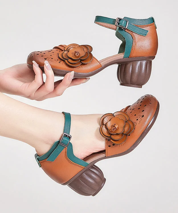 Boho Hollow Out Floral Chunky Heel Buckle Strap Brown Cowhide Leather---Comfortable Leather Pumps for Office and Everyday Wear