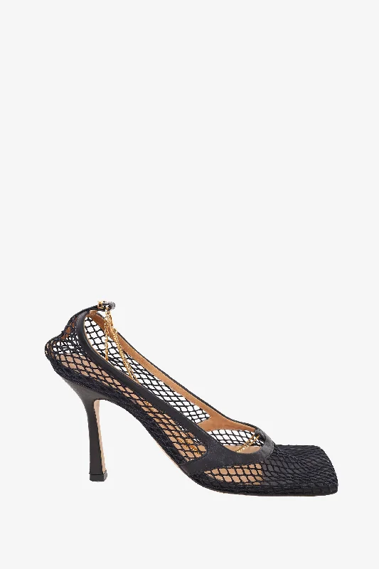 Bottega Veneta Black Mesh Gold Chain Heels Size 39---Fashionable Kitten Heels for Date Night