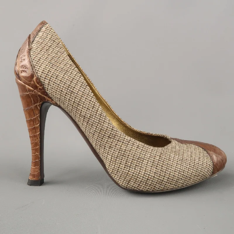 BOTTEGA VENETA Size 6.5 Brown Houndstooth Fabric & Alligator Leather Pumps---Comfortable Leather Pumps for Office and Everyday Wear