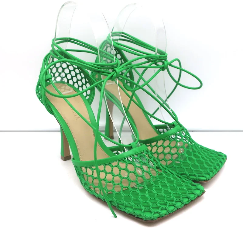 Versatile Heeled Sandals for Any Occasion---Bottega Veneta Stretch Mesh Pumps Green Size 38 Ankle Wrap Heels NEW