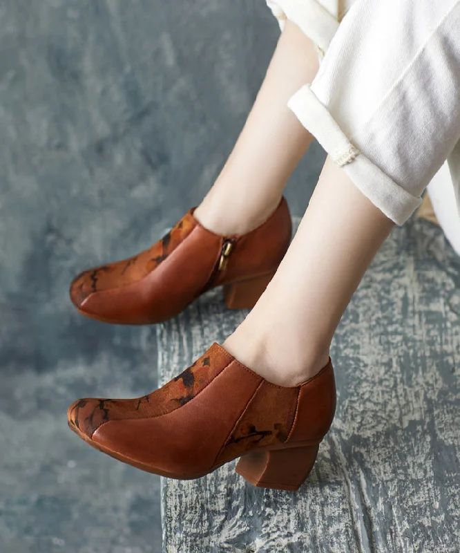 Boutique Brown Chunky Cowhide Leather Embossed High Heels---Comfortable Leather Pumps for Office and Everyday Wear