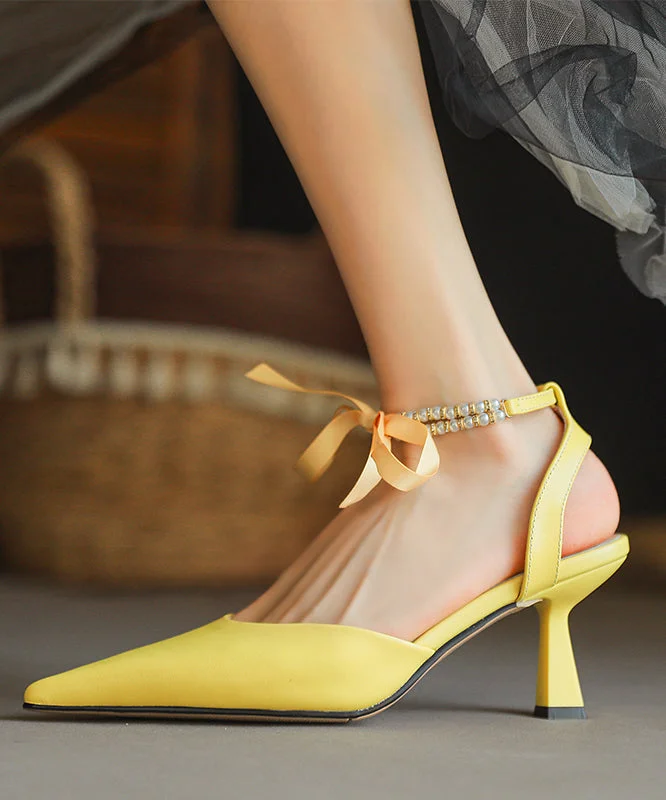 Boutique Yellow Cowhide Leather High Heels Beading Bow Lace Up Splicing---Charming Bow Pumps for a Cute and Stylish Look