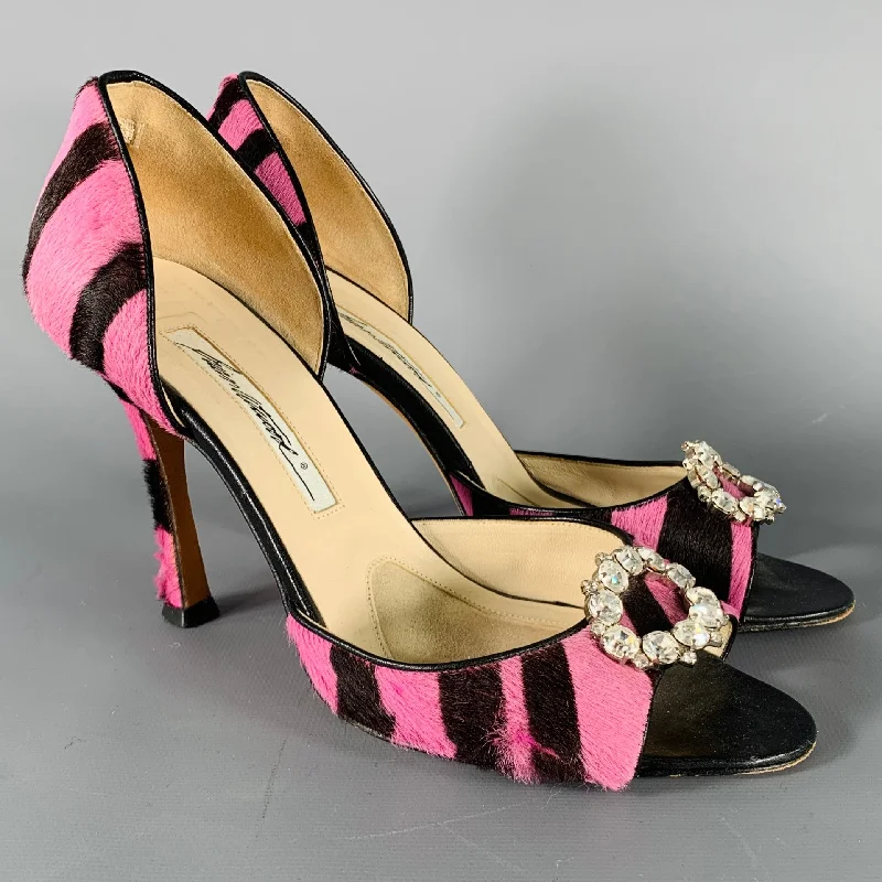 Trendy Peep Toe Platform Heels Crafted from Genuine Leather--BRIAN ATWOOD Size 7.5 Pink Brown Stripe Calf Hair Peep Toe Heels Pumps