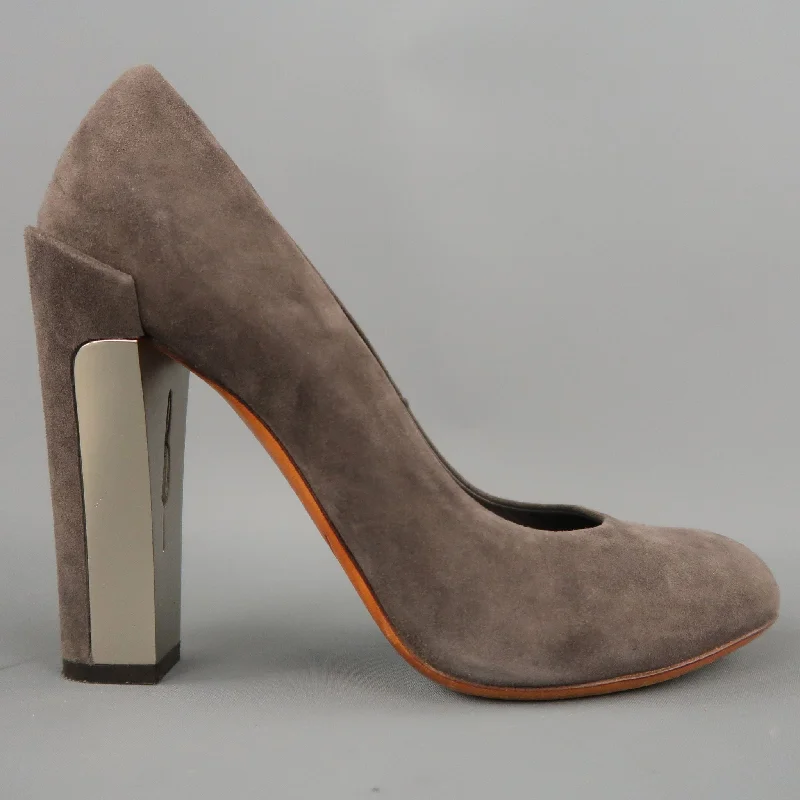 Affordable Suede Ankle Pumps for All-Day Wear--BRIAN ATWOOD Size 7.5 Taupe Suede Metal Chunky Heel Pumps