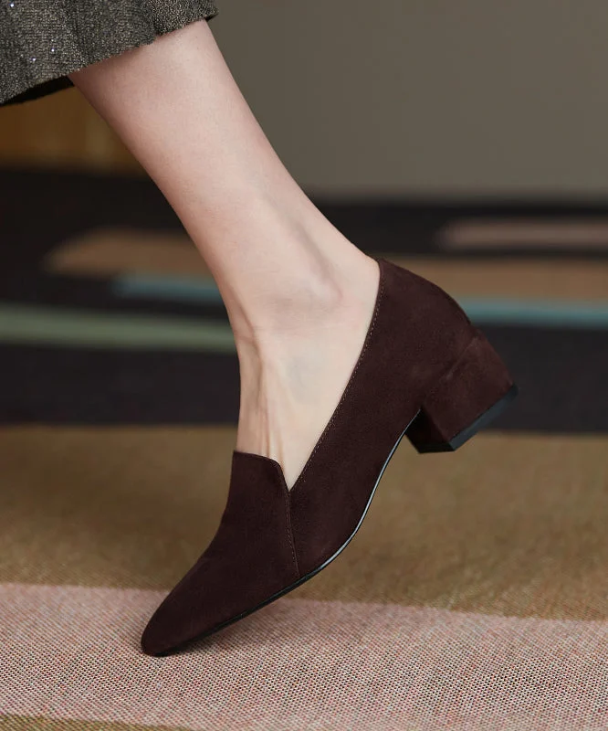 Affordable Suede Ankle Pumps for All-Day Wear--Brown Chunky Loafer Shoes Suede Comfy Splicing Pointed Toe