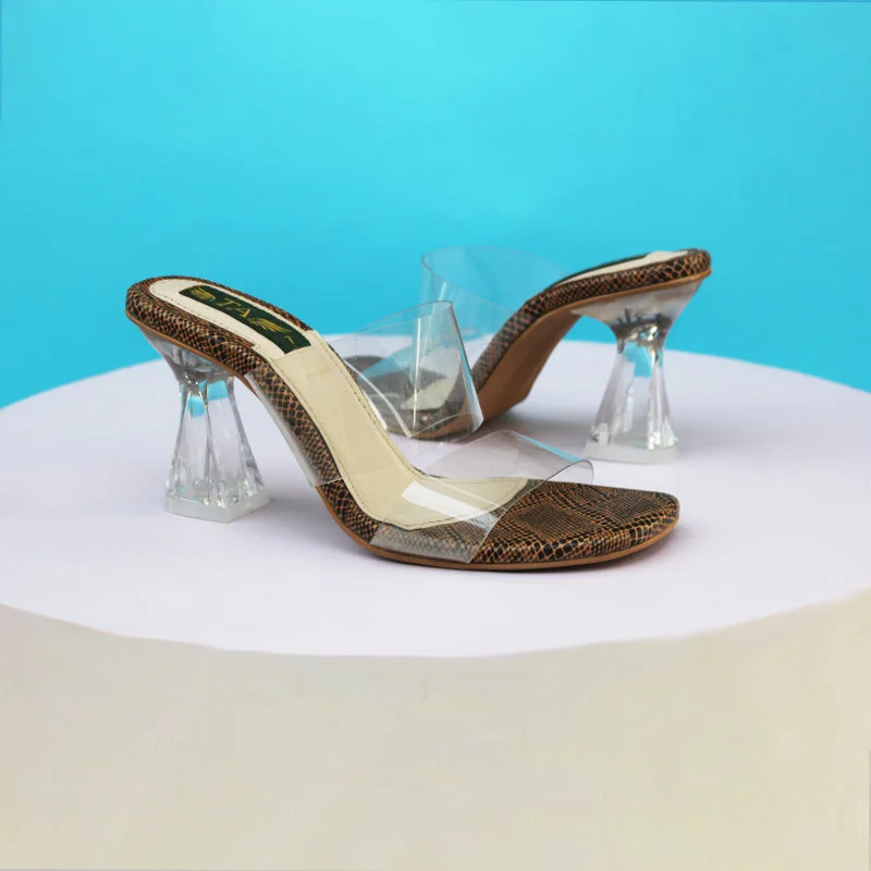 Versatile Heeled Sandals for Any Occasion---Brown Transparent Block Heel