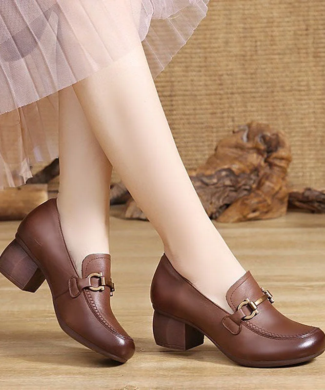 Versatile Dress Heels for Formal and Casual Wear---Brown High Heels Buckle Strap Chunky High Heels