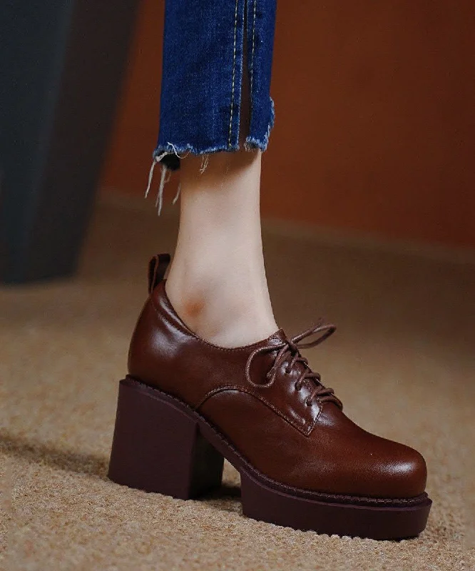 Brown High Heels Chunky Cowhide Leather Boutique Lace Up High Heels---Comfortable Leather Pumps for Office and Everyday Wear