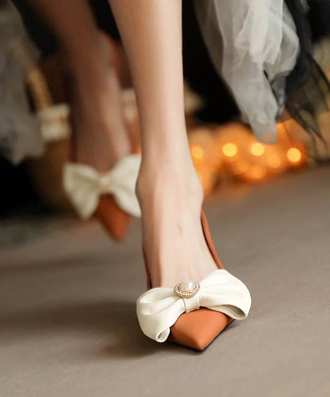 Stiletto Heel Pumps with Perfect Fit--Brown High Heels Sheepskin Elegant Splicing Bow Pointed Toe-Fashionable & Classic