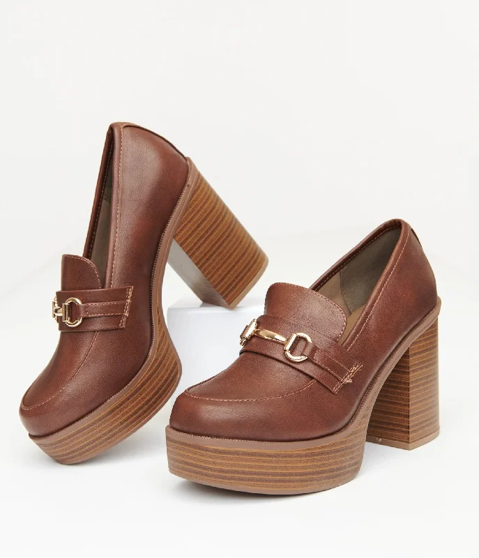 Trendy Chunky Heel Pumps for Casual Wear--Brown Leatherette Loafer Heels