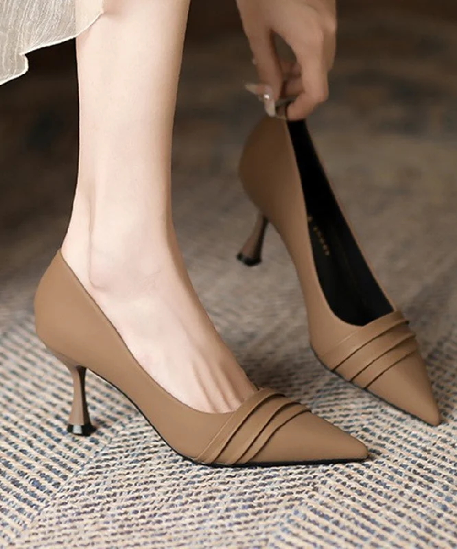 Stiletto Heel Pumps with Perfect Fit--Brown Wrinkled Pointed Toe Splicing Stiletto High Heels-Fashionable & Classic