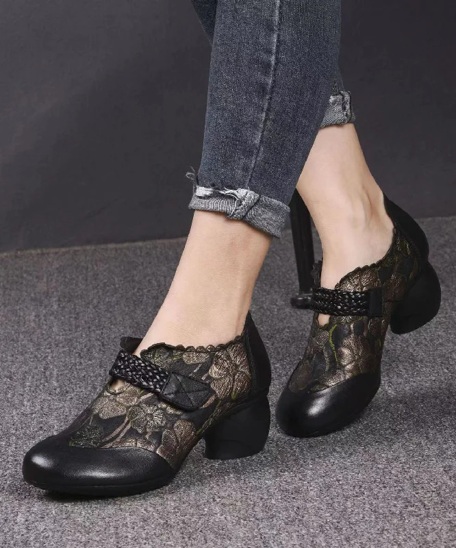 Buckle Strap Splicing Chunky Black Embossed Cowhide Leather---Comfortable Leather Pumps for Office and Everyday Wear