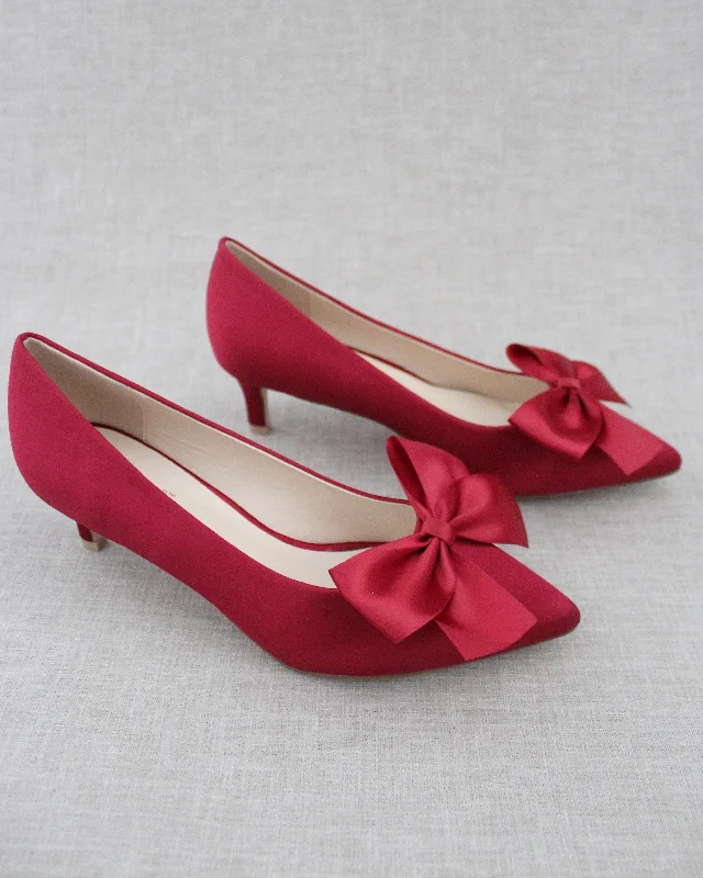 Burgundy Satin Pointy Toe Pump Low Heel with Satin BowAffordable Satin Heels with a Luxe Touch