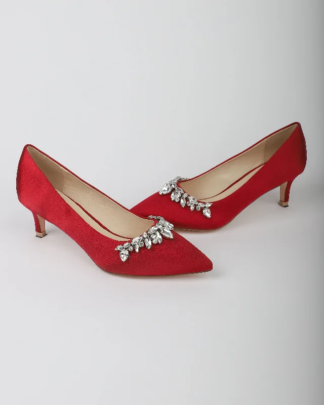 Burgundy Satin Pointy Toe Pump Low Heel with Teardrop RhinestonesAffordable Satin Heels with a Luxe Touch