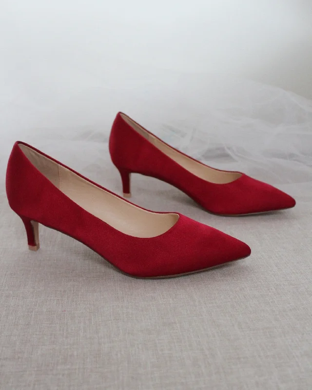 Burgundy Satin Pointy Toe Pump Low HeelAffordable Satin Heels with a Luxe Touch