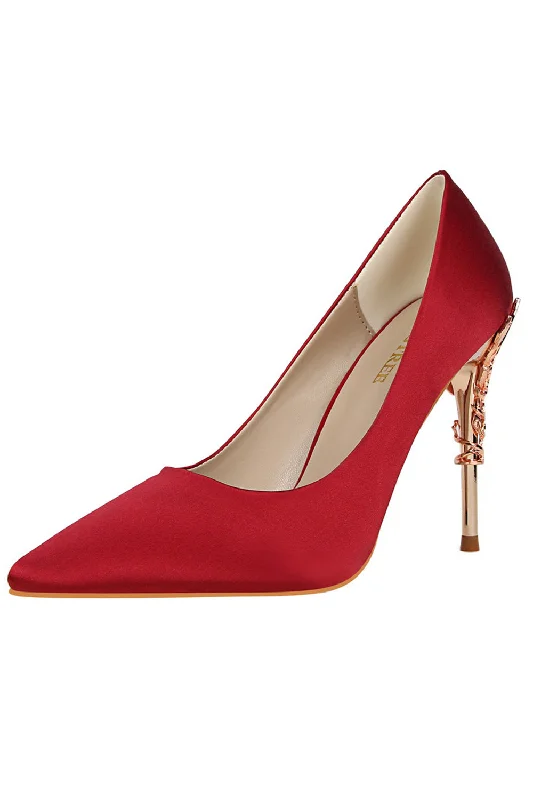 Stiletto Heel Pumps with Perfect Fit--Burgundy Shallow Metal Stiletto Heels-Fashionable & Classic