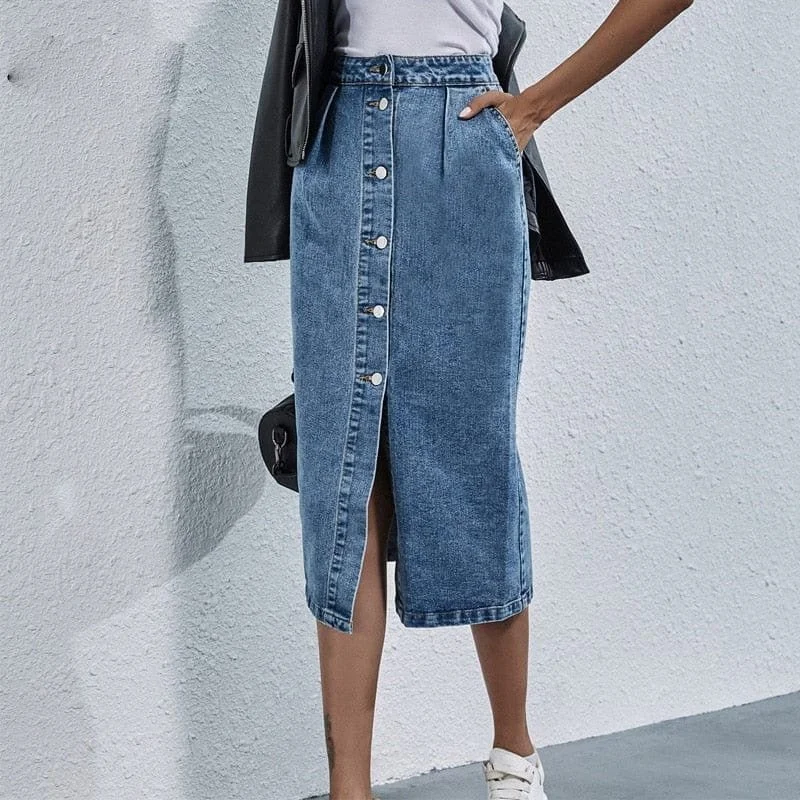 Women's denim skirts for weekend getaways and trips -Button Front High Waist Denim Skirt Women's denim skirts for weekend getaways and trips -Button Front High Waist Denim Skirt