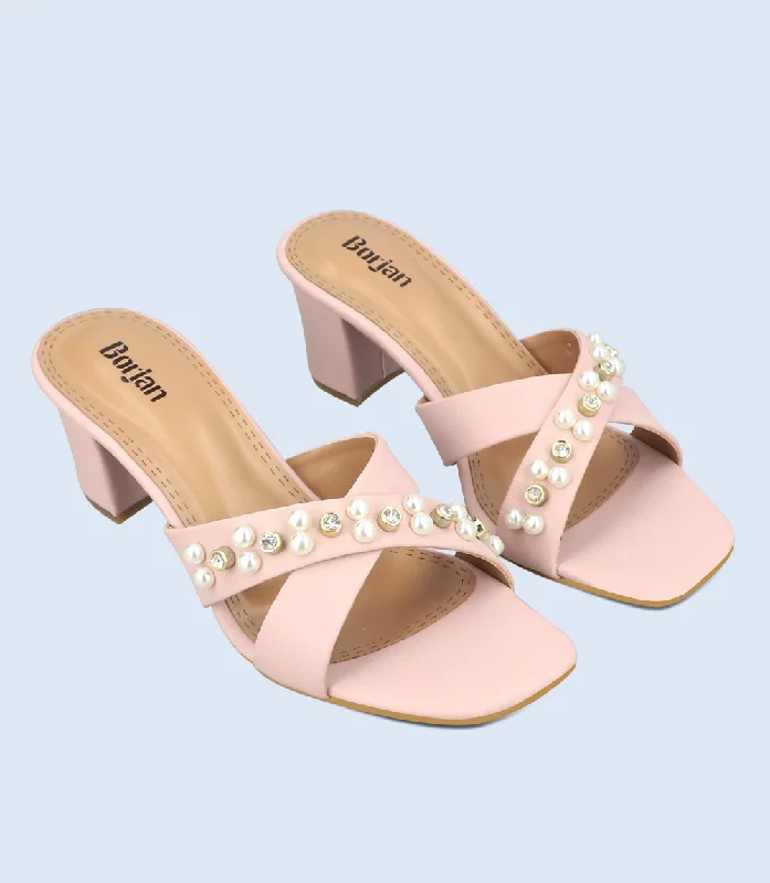 Versatile Heeled Sandals for Any Occasion---BW9350-TEA PINK-Women Slipper Heel