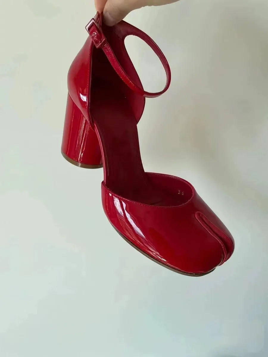 Sleek and Shiny Patent Pump Heels for a Polished Look--8cm High Heel Tabi Shoes Elegant Patent Leather Women Split Footwear