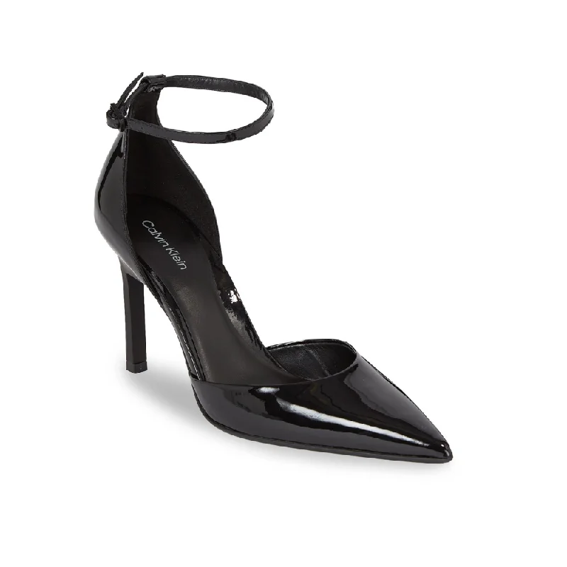 Calvin Klein Ftw Geo Stil Pump W Ankl Strp 90-Pat Black---Fashionable Kitten Heels for Date Night