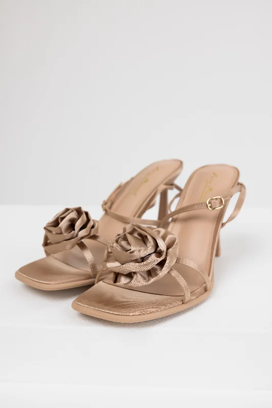 Versatile Dress Heels for Formal and Casual Wear---Camel Satin Flower Strap Dress Heels