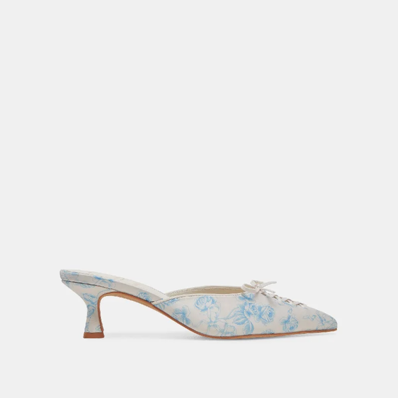 Stiletto Heel Pumps with Perfect Fit--CAMILE WIDE HEELS BLUE FLORAL FABRIC-Fashionable & Classic