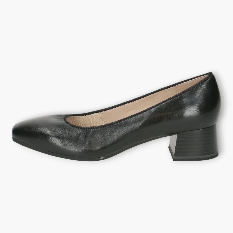 Caprice Black Leather Court Shoes - Block Heel, Wide Fit & Comfortable---Comfortable Leather Pumps for Office and Everyday Wear