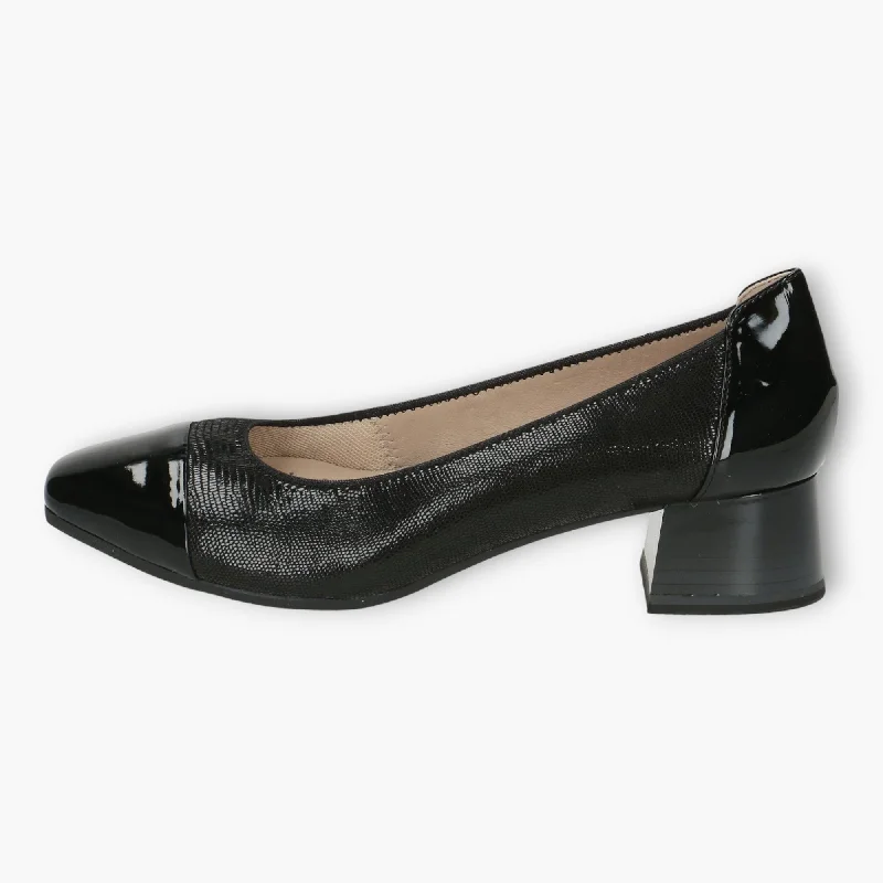 Sleek and Shiny Patent Pump Heels for a Polished Look--Caprice Black Patent Court Shoes - Block Heel, Wide Fit & Comfortable