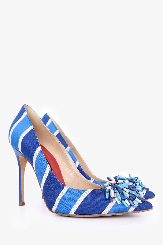 Carolina Herrera Blue Beaded Heels Size 37---Fashionable Kitten Heels for Date Night