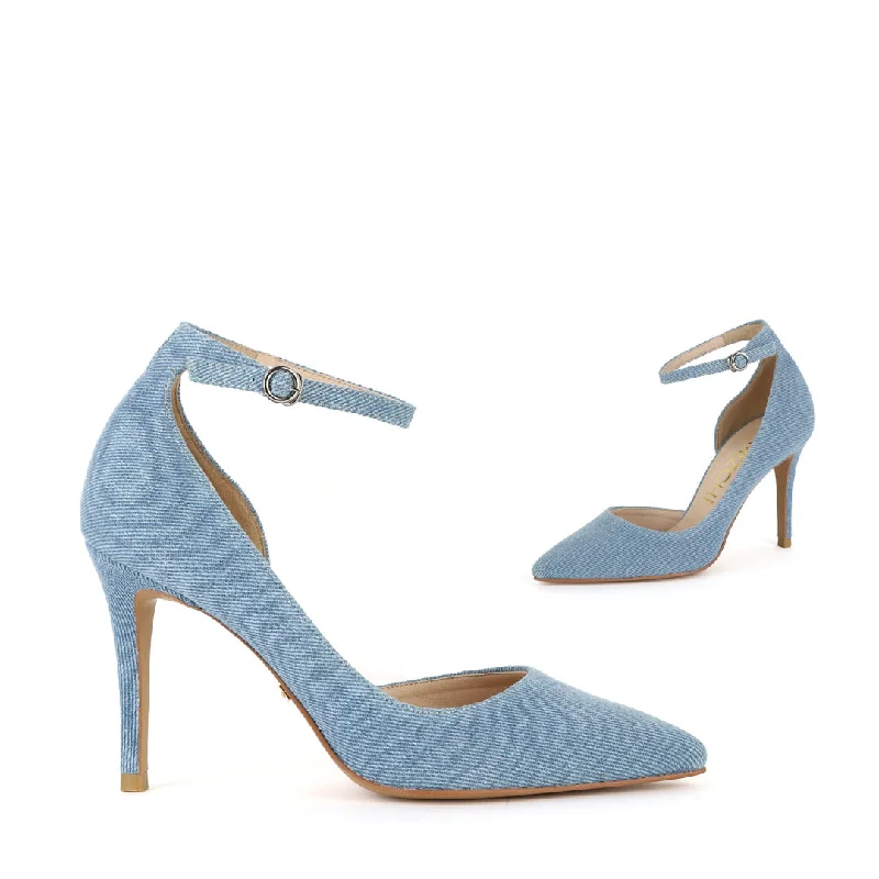 Stylish Ankle Strap Heels for Women--CARTER - denim ankle strap pumps