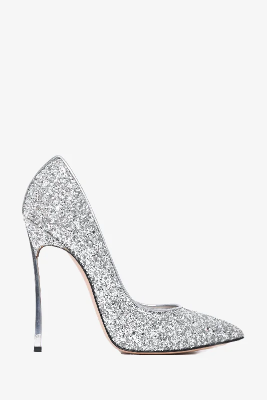 Casadei Silver Glittered Pointed Toe Heels Size 7---Trendy Glitter Heels for a Glamorous Look