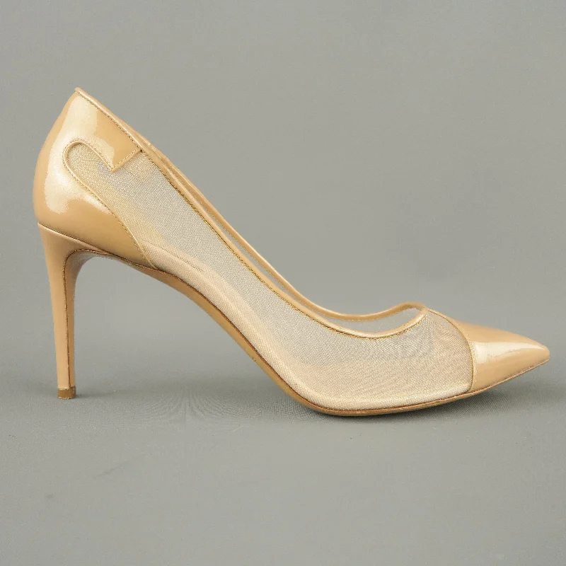 Sleek and Shiny Patent Pump Heels for a Polished Look--CASADEI Size 12 Beige Mesh Patent Leather Pumps