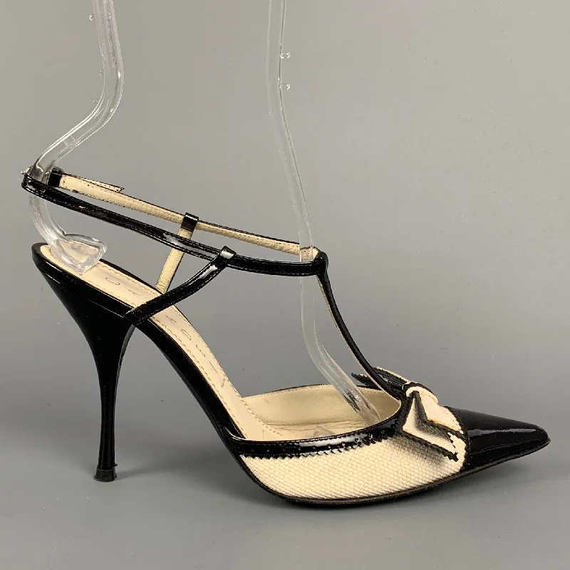 Versatile Heeled Sandals for Any Occasion---CASADEI Size 5.5 Cream Linen Color Block T-Strap Pumps