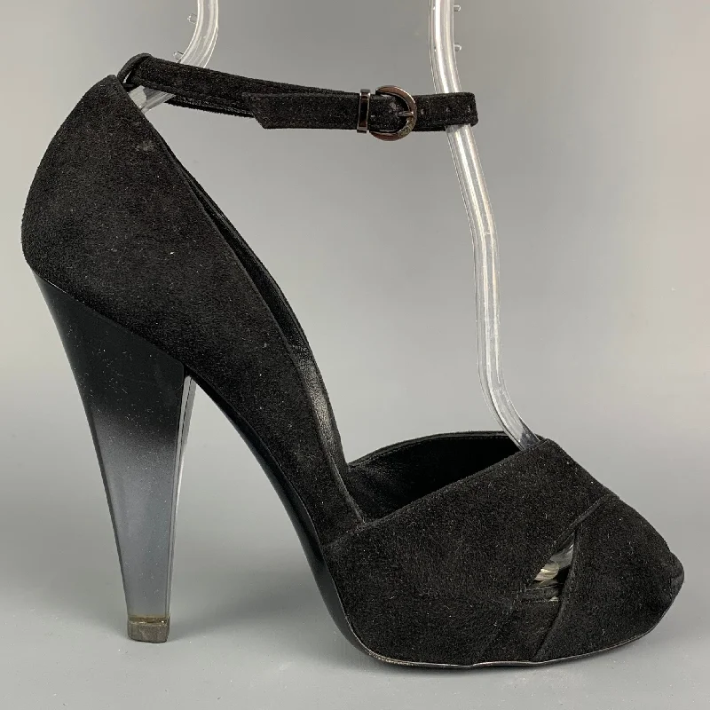 Trendy Peep Toe Platform Heels Crafted from Genuine Leather--CASADEI Size 6.5 Black Suede Ombre Peep Toe Pumps