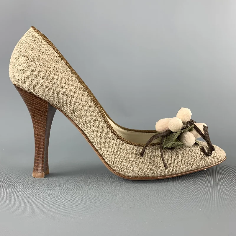 Versatile Heeled Sandals for Any Occasion---CASADEI Size 7.5 Taupe Fabric Grape Leaves Embellishd Pumps