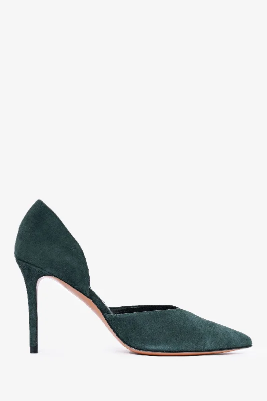 Affordable Suede Ankle Pumps for All-Day Wear--Celine Green Suede Pointed Toe Heels Size 36.5