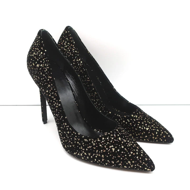 Celine Sharp Pumps Black/Gold Glitter Dots Velvet Size 41 Pointed Toe Heels NEW---Trendy Glitter Heels for a Glamorous Look