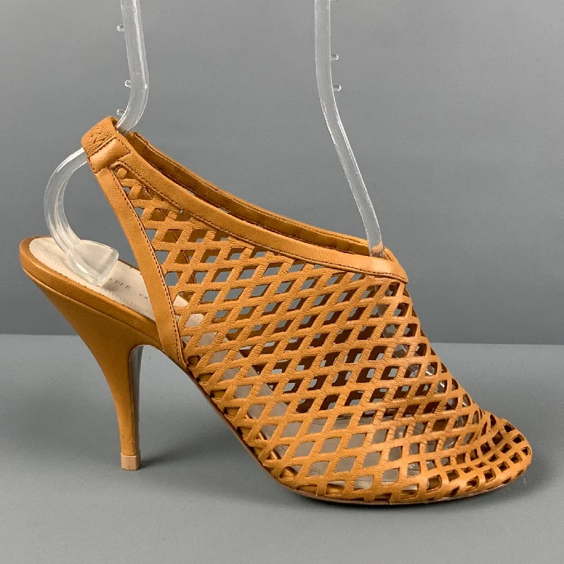 Fashionable Leather Slingback Pumps for Casual Wear--CELINE Size 8 Tan Woven Leather Slingback Pumps