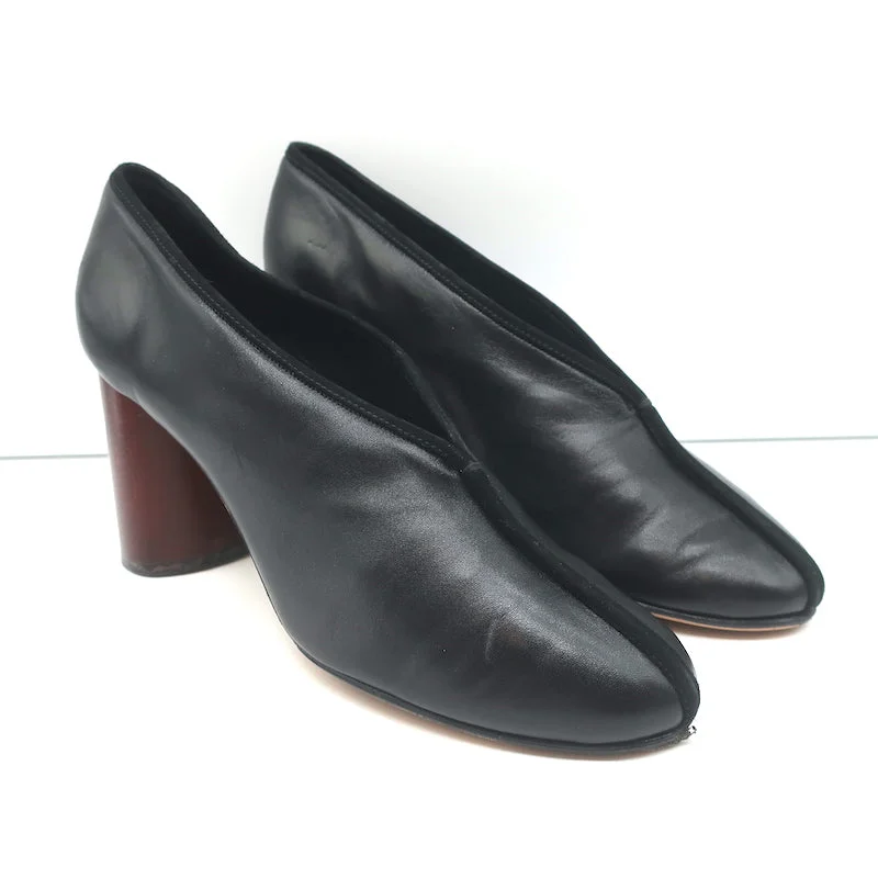 Affordable Suede Ankle Pumps for All-Day Wear--Celine Wood Heel Pumps Black Suede-Trimmed Leather Size 38.5