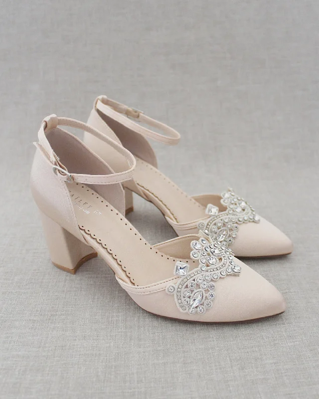 Trendy Chunky Heel Pumps for Casual Wear--Evening Block Heel with Rhinestones Detail