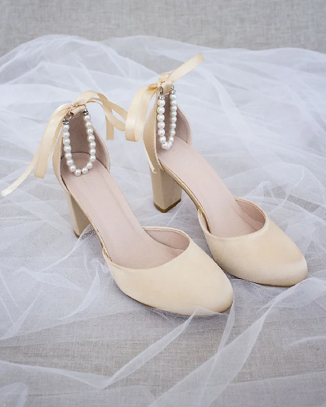 Stylish Ankle Strap Heels for Women--Satin Block Heel with Pearls Ankle Strap