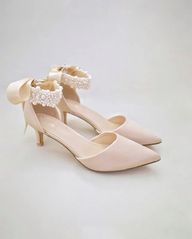 Stylish Ankle Strap Heels for Women--Satin Pointy Toe Low Heels with Perla Ankle Strap