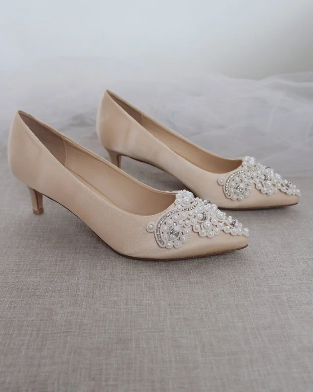 Champagne Satin Pointy Toe Pump Low Heel with Oversized Pearls AppliqueAffordable Satin Heels with a Luxe Touch