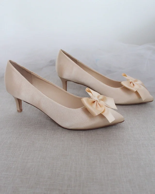 Champagne Satin Pointy Toe Pump Low Heel with Satin BowAffordable Satin Heels with a Luxe Touch