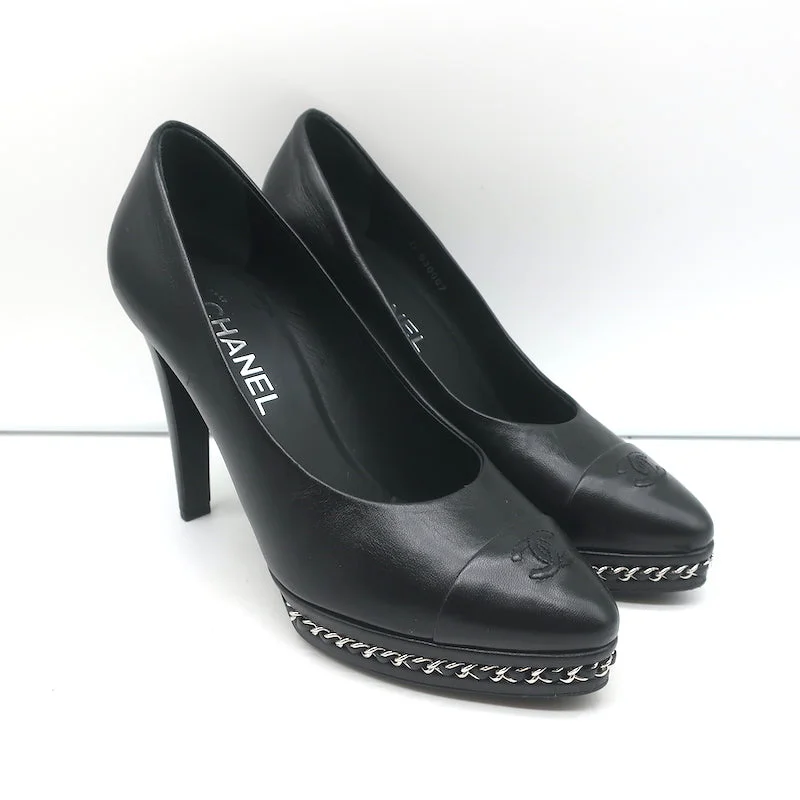 Chanel 14B CC Cap Toe Chain Platform Pumps Black Leather Size 38.5---Comfortable Leather Pumps for Office and Everyday Wear