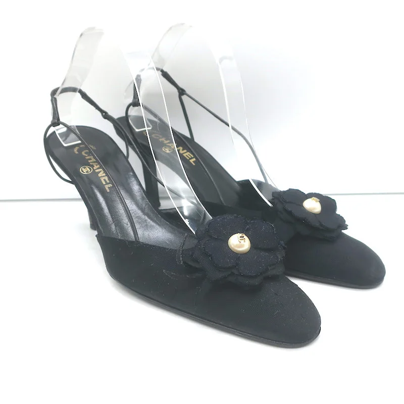 Versatile Heeled Sandals for Any Occasion---Chanel Camellia CC Faux Pearl Slingback Pumps Black Grosgrain Size 41